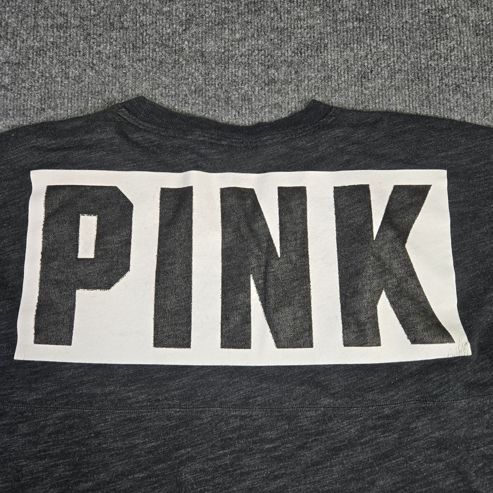 PINK Sweatshirt Women Small Campus Varsity Pullover Gray Neon Mesh Logo Graphic - Picture 5 of 11